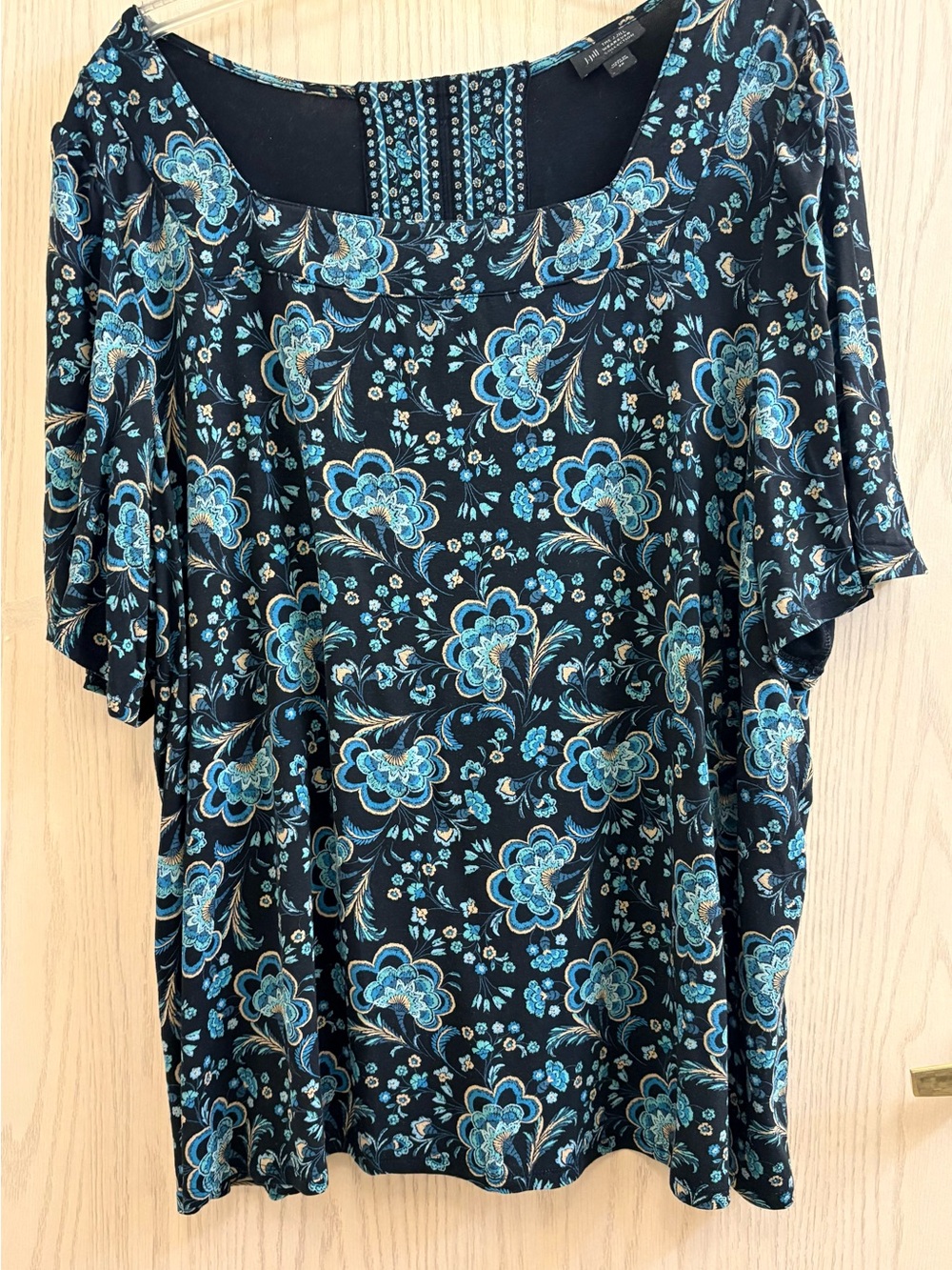J. Jill Black Top with Teal Blue Floral Print